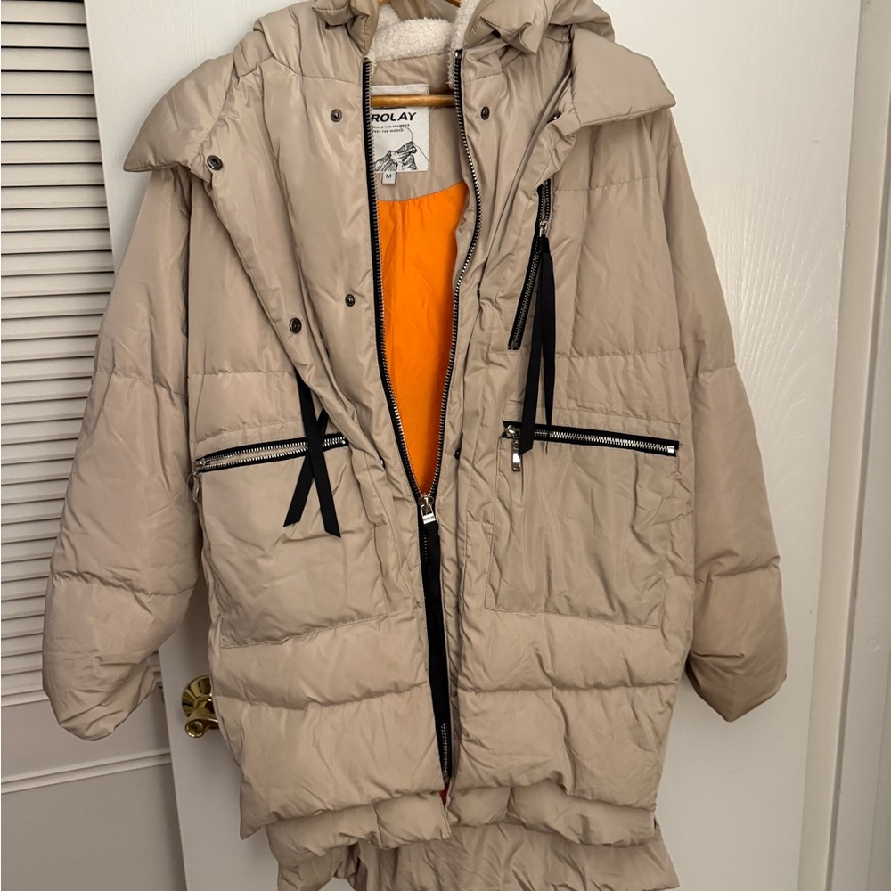 OLAY Beige Puffer Jacket with Orange Lining